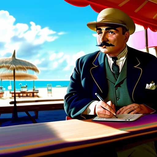 Poirot sits casually at a beachside bar, chatting with an array of colorful characters, his pad and pen subtly tucked away on the table between them.